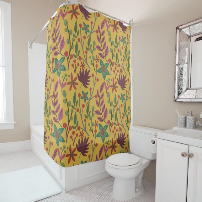 Floral seamless pattern yellow flowers and leaves shower curtain (In Situ)