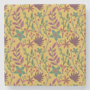 Floral seamless pattern yellow flowers and leaves stone coaster