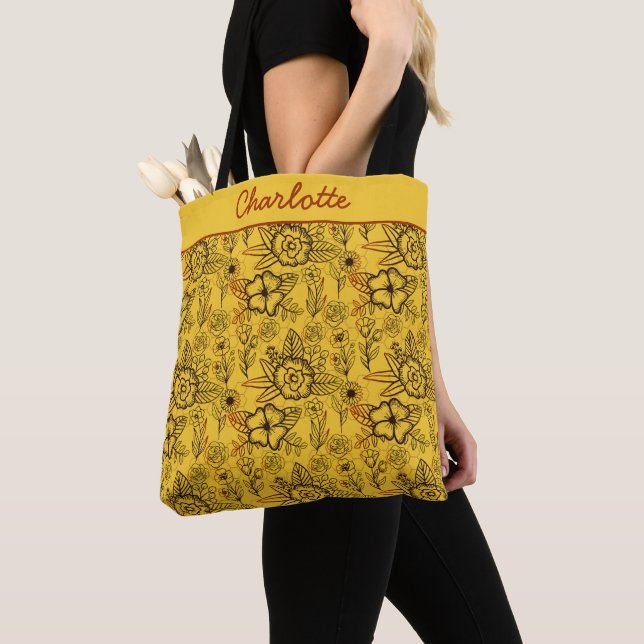 Floral seamless pattern yellow personalised name tote bag (Close Up)