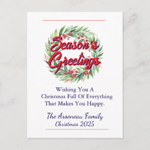 Floral Season's Greetings Red Personalise Holiday Postcard