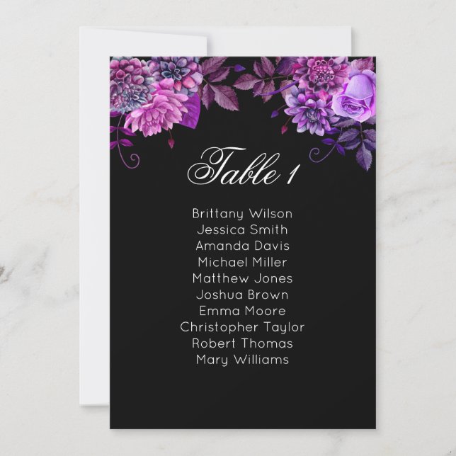 Floral seating chart purple. Black wedding plan Invitation (Front)