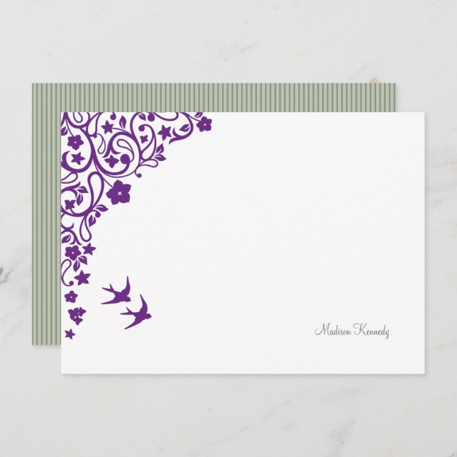 Floral Secret Garden Sage Stripe Script Name Card (Front/Back)