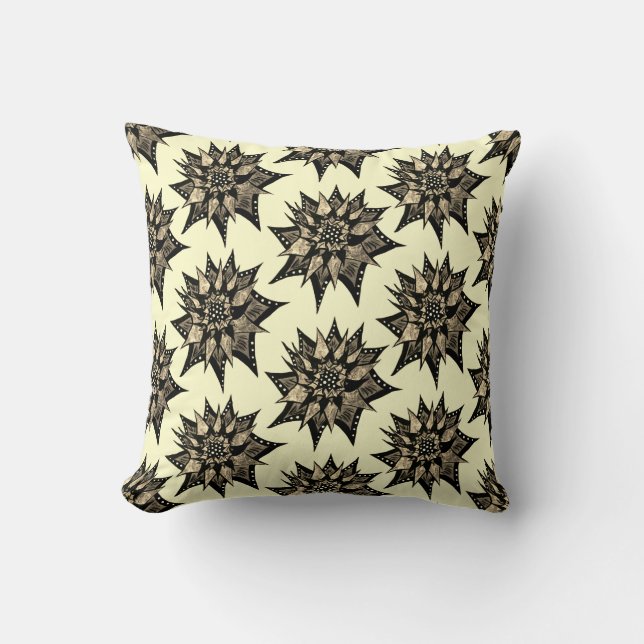 Floral Sepia Spiked Flower Pattern Gothic Cushion (Front)