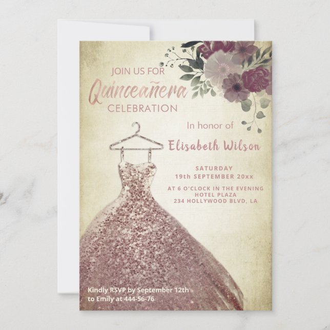 Floral sequins rose gold dress Quinceañera   Invit Invitation (Front)