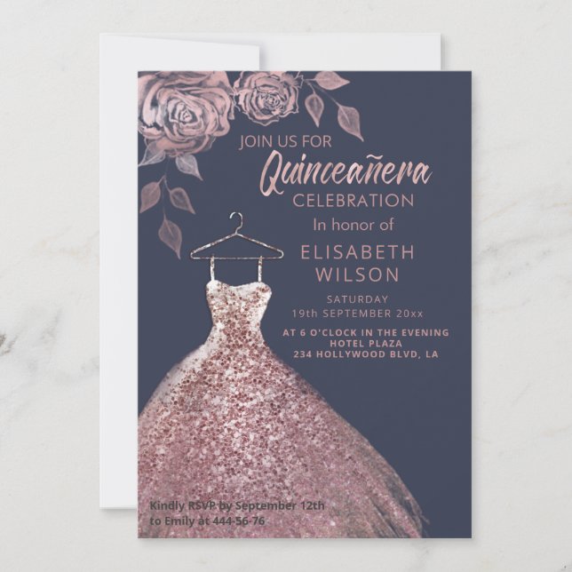 Floral sequins rose gold dress Quinceañera   Invit Invitation (Front)