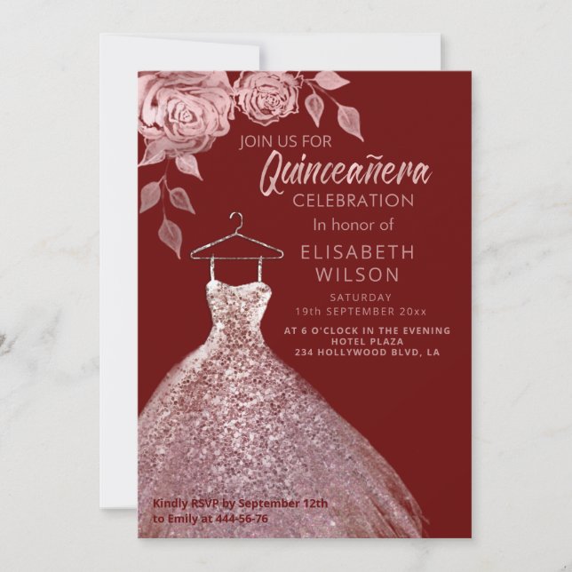Floral sequins rose gold dress Quinceañera   Invit Invitation (Front)