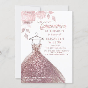 Floral sequins rose gold dress Quinceañera   Invit Invitation