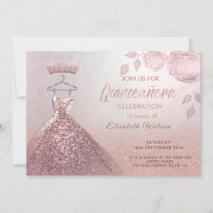 Floral sequins rose gold dress Quinceañera Invitat Invitation