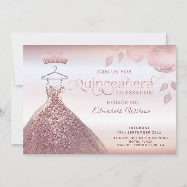 Floral sequins rose gold dress Quinceañera Invitat Invitation (Front)