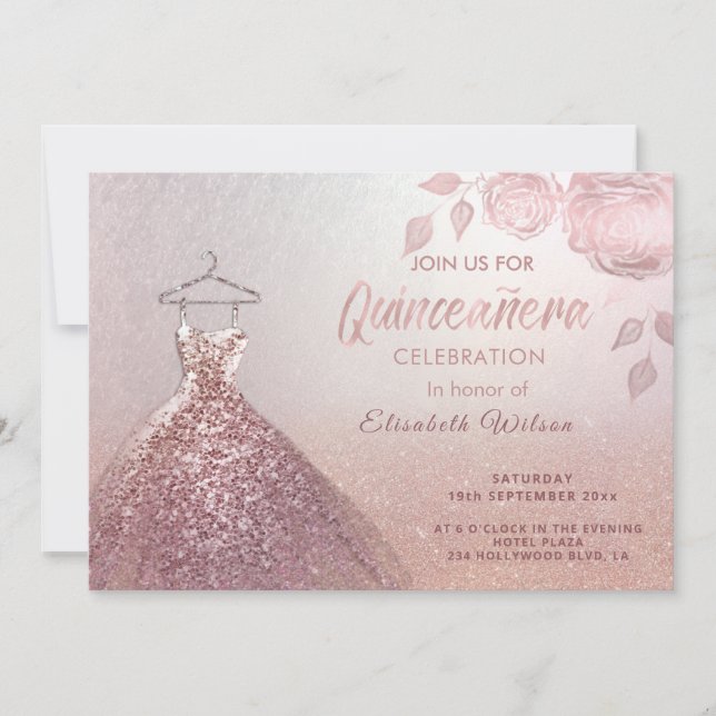 Floral sequins rose gold dress Quinceañera Invitation (Front)