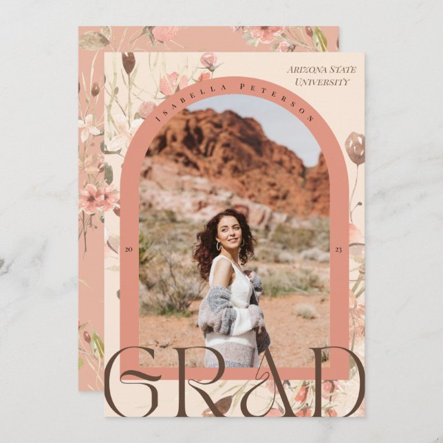Floral Serenity: Boho  Arch Frame Graduation Photo Announcement (Front/Back)