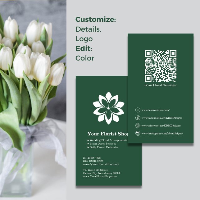 Floral Services Florist Green White Business Card (Floral Services Florist Green White Business Card, Blossom Logo, QR code)