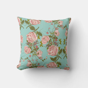 Floral Shabby Chic Pink Rose Flowers Blue Cushion