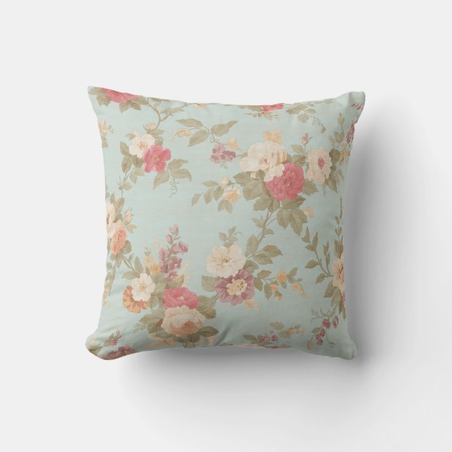 Floral Shabby Chic Pink Rose Flowers Blue Cushion (Front)