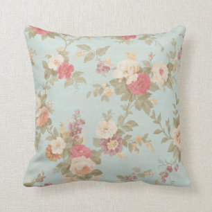 Floral Shabby Chic Pink Rose Flowers Blue Cushion