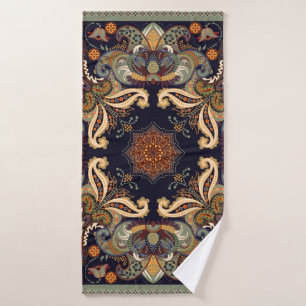 Floral shawl design. Square ornament with decorati Bath Towel