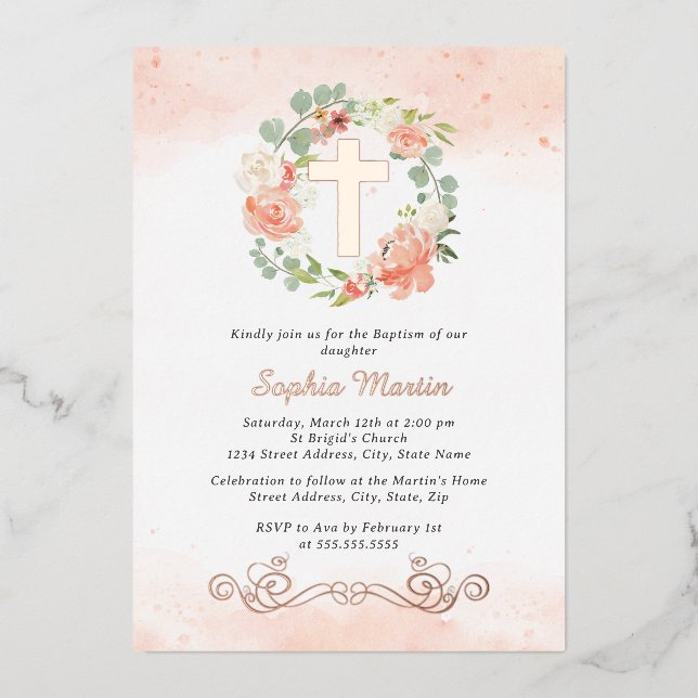 Floral Shiny Gold Cross Peach Wreath Girl Baptism  (Front)