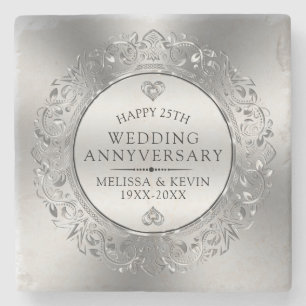 Floral shiny silver Frame 25th Wedding Anniversary Stone Coaster