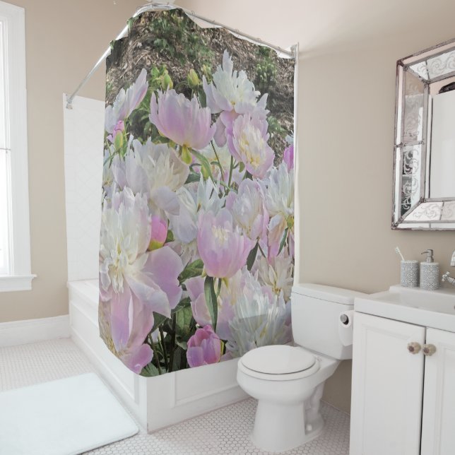 floral shower curtain/SOFT PINK AND WHITE PEONIES Shower Curtain (In Situ)