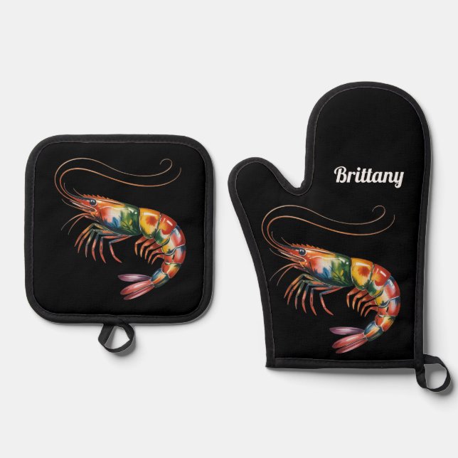 Floral Shrimp Art Custom Oven Mitt & Pot Holder Set (Front)