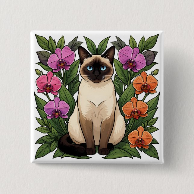 floral siamese cat button (Front)