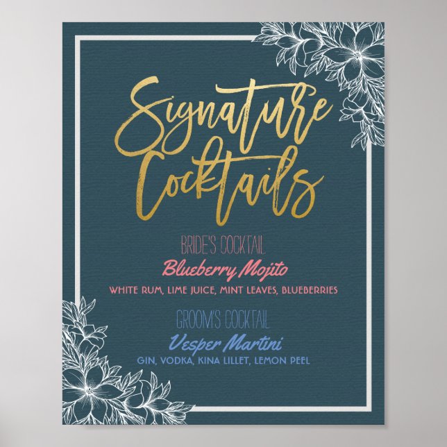 Floral Signature Cocktail Drink Menu Wedding Decor (Front)