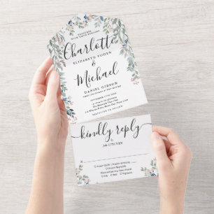 Floral Signature Script Monogram Wedding All In One Invitation