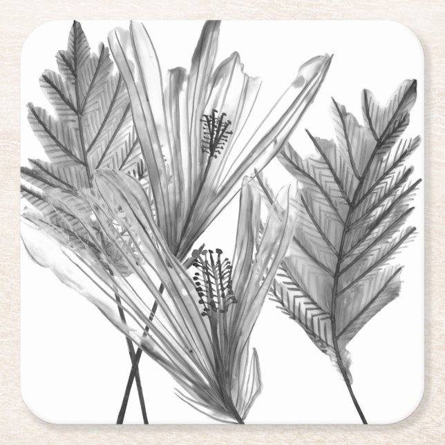 Floral Silhouette - Grey Square Paper Coaster (Front)