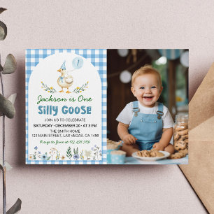 Floral Silly Goose Blue Balloon 1st Birthday Photo Invitation