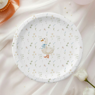 Floral Silly Goose Blue Bow Floral Baby Shower Paper Plate