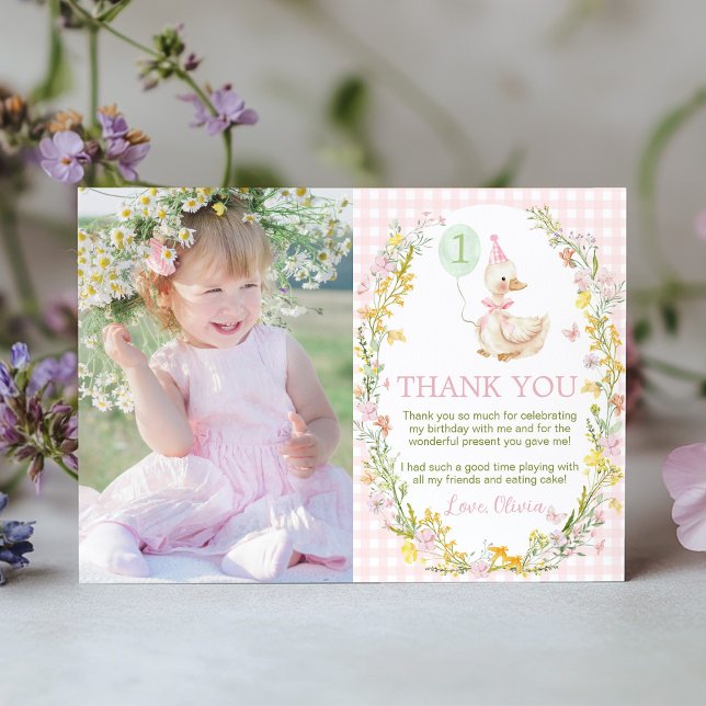 Floral Silly Goose Cute Pink Girl Birthday Photo Thank You Card (Creator Uploaded)