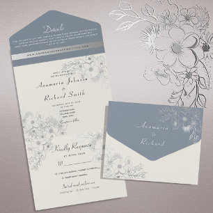 Floral Silver and Dusty Blue Wedding All In One Invitation