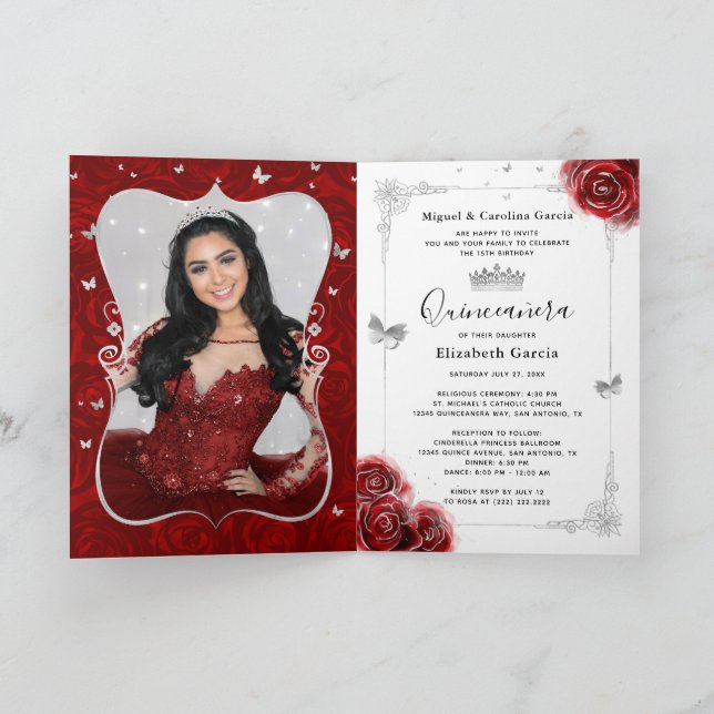 Floral Silver and Red Quinceañera Photo Folded Invitation (Inside)