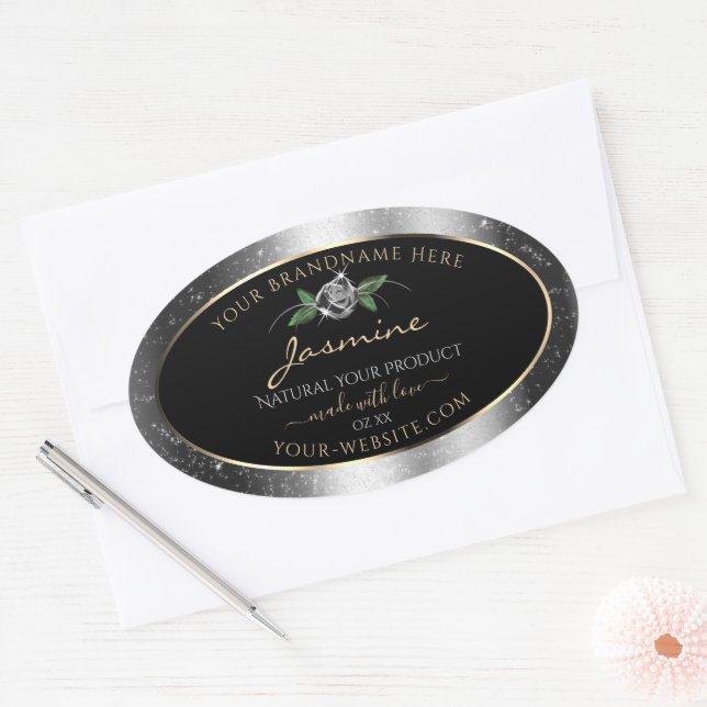 Floral Silver Black Product Labels Sparkle Glitter (Envelope)