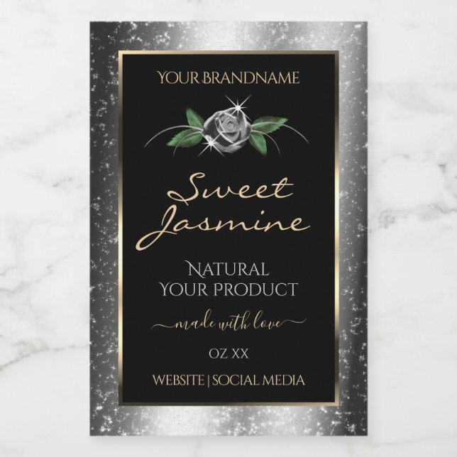 Floral Silver Black Product Labels Sparkle Glitter (Single Label)