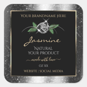 Floral Silver Black Product Labels Sparkle Glitter