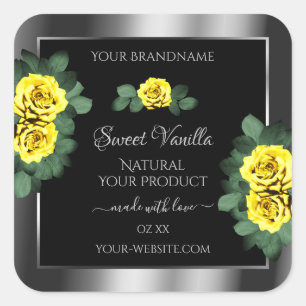 Floral Silver Black Product Labels Yellow Roses