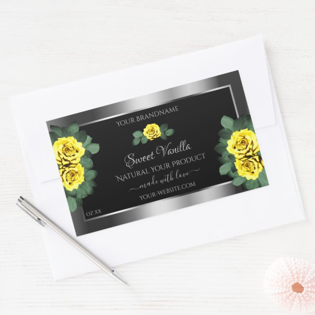 Floral Silver Black Product Labels Yellow Roses (Envelope)