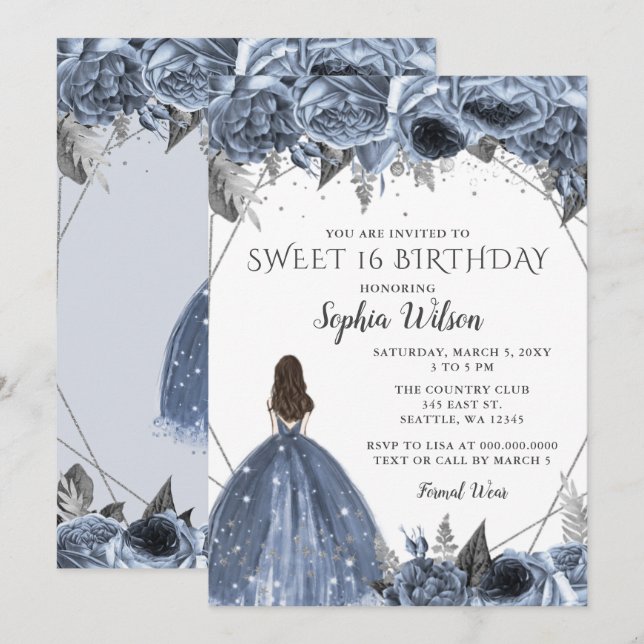 Floral Silver Dusty Blue Spakle Dress Sweet 16 Inv Invitation (Front/Back)