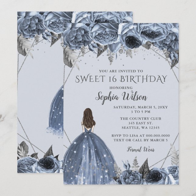 Floral Silver Dusty Blue Spakle Dress Sweet 16 Invitation (Front/Back)