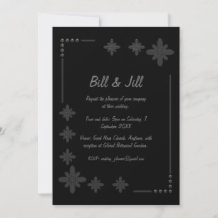 Floral Silver Frame On Black Background Wedding Invitation