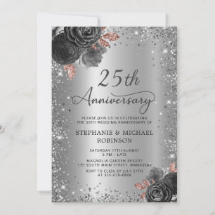 Floral Silver Glitter 25th Wedding Anniversary Invitation