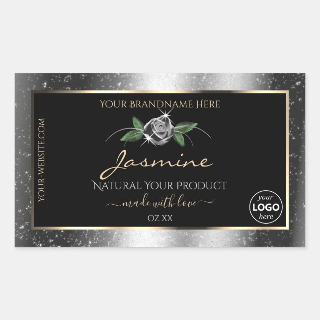 Floral Silver Glitter Black Product Labels Logo (Front)