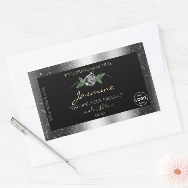 Floral Silver Glitter Black Product Labels Logo (Envelope)