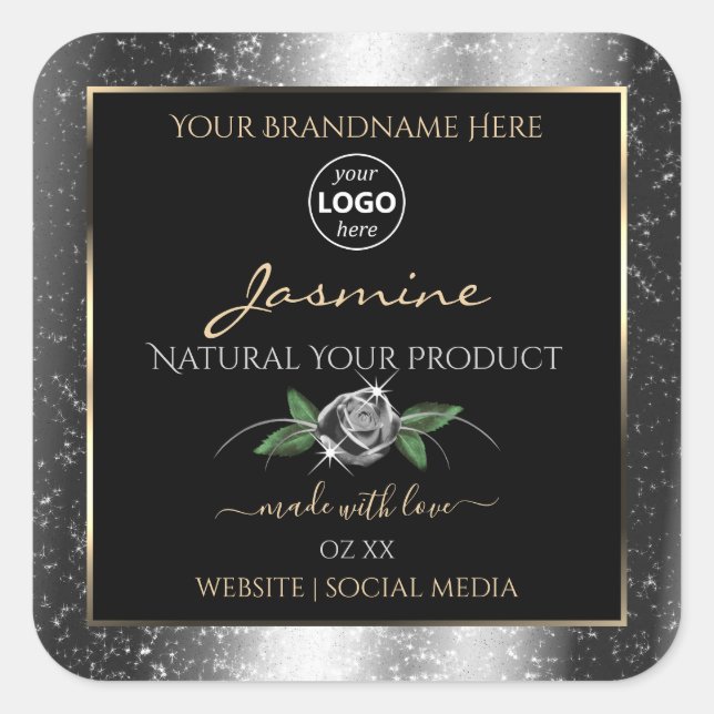 Floral Silver Glitter Black Product Labels Logo (Front)