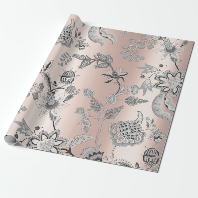 Floral Silver Gray Pink Rose Pearly Blush Orichid Wrapping Paper (Unrolled)