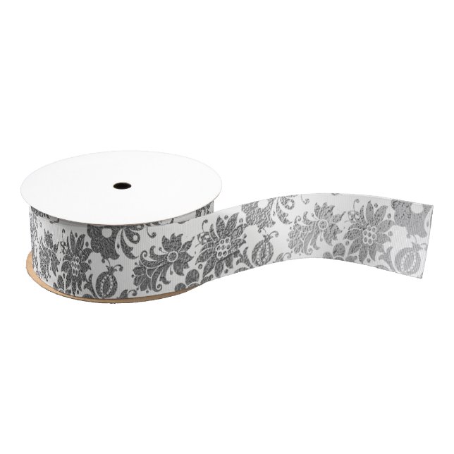 Floral Silver Gray White White Metallic Favor Gift Grosgrain Ribbon (Spool)