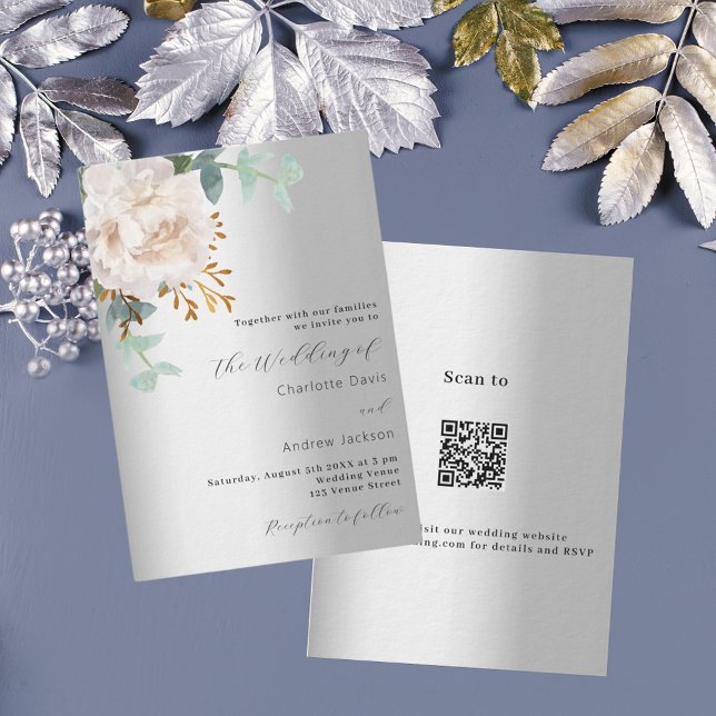 Floral silver greenery luxury QR code RSVP wedding Invitation (Creator Uploaded)