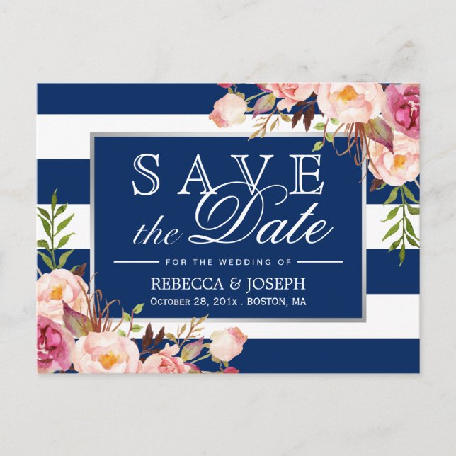 Floral Silver Navy Blue Stripes Save the Date Announcement Postcard (Front)