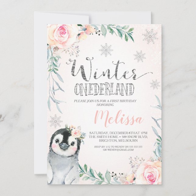 Floral Silver Penguin Winter Onederland Birthday Invitation (Front)